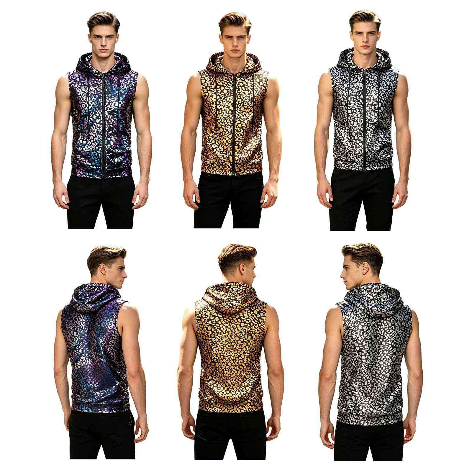 Men Metallic Leopard Couple Hoodie Sleeveless Zipper Hooded Vest for Casual Daily Life Disco Party Club Rave Festival