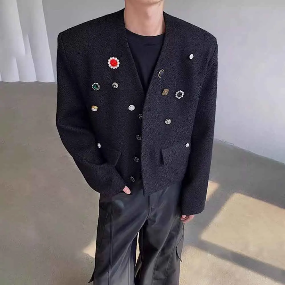 Mens Autumn Jacket Button Decoration Ballroom Jacket Streetwear Fashion Nightclub Stage Performance Youth Trend Collarless Top