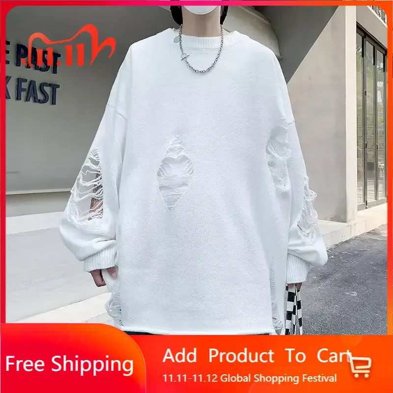 Pull déchiré minimaliste neutre, Streetwear ample, col rond, manches longues, tricoté, hauts Hip Hop