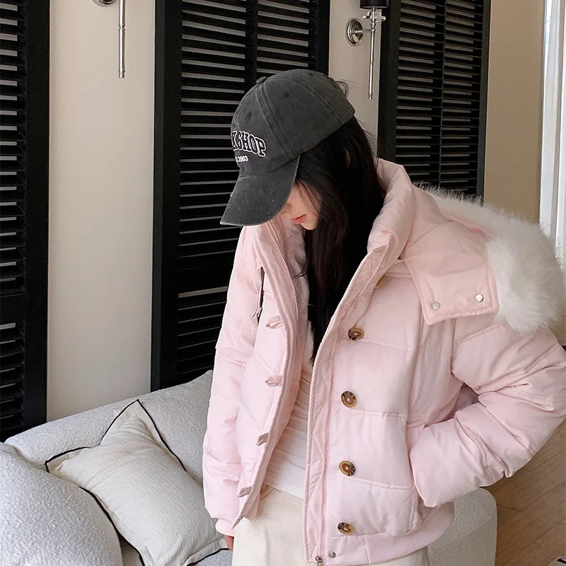

Корейский стиль, большой меховой воротник, пуховая куртка с хлопковой подкладкой для девочек, утепленная зимняя женская куртка с капюшоном и застежкой на талии, куртка-пуховик