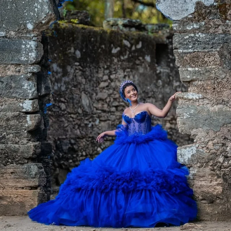 

Customized royal blue Quinceanera Dresses Off the Shoulder Tull sequin applique crystal Lace ruffle Vestido De 15 Quinceanera