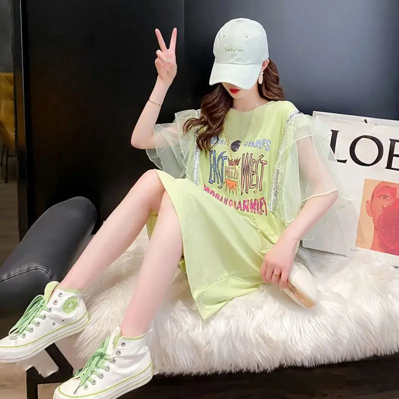 Female Clothing Korean Letter Printed Pullovers Summer Stylish Gauze Spliced Short Sleeve Casual Round Neck Loose Basic T-shirt