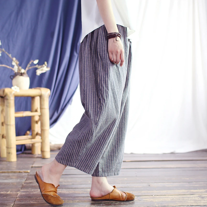 Damskie bawełniane lniane spodnie na co dzień New Arrival 2025 lato w stylu Vintage w paski luźne kobiece spodnie haremowe do kostek M1389