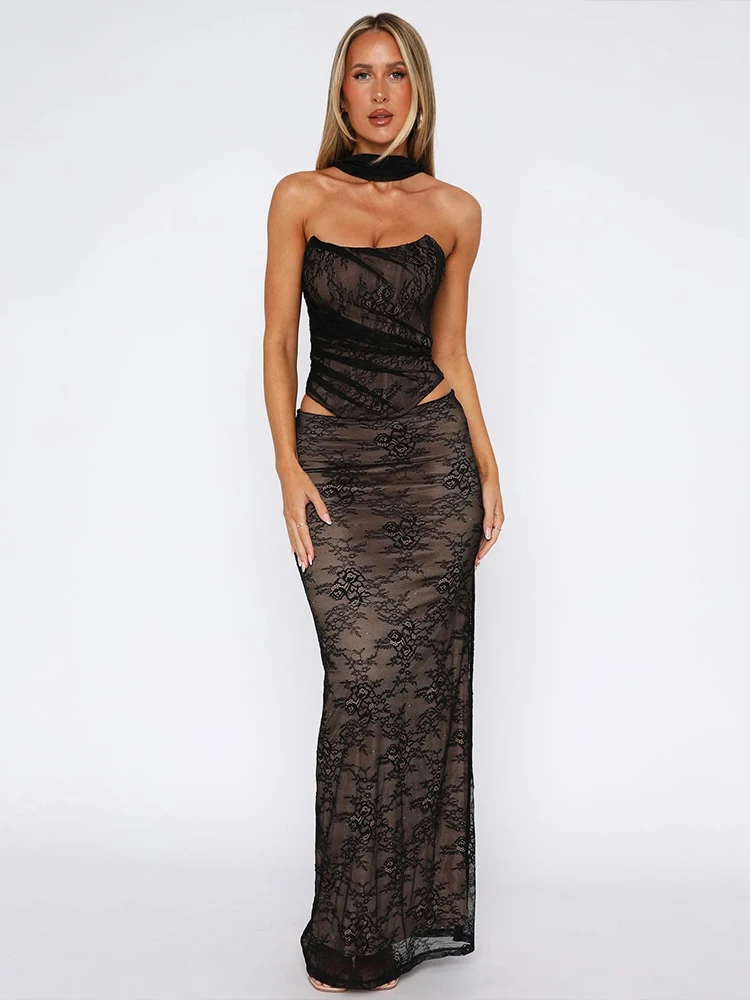 

Whatiwear Elegant Fashion 3 Piece Set Women Mesh Solid Scarf+Sexy Jacquard Backless Tube Tops+Long Skirts Prom Party Outfits