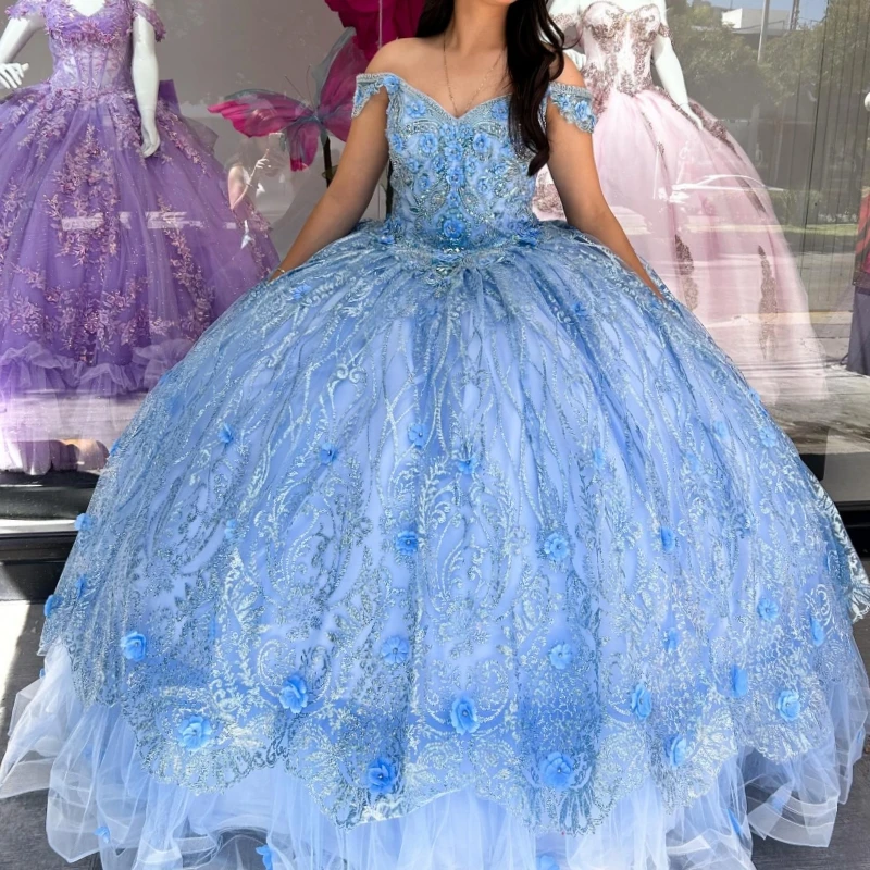 

Light Blue Ball Gown Quinceanera Dresses Off The Shoulder Sequin Applique Flower Beads Tull Party Birthday Sweet 16 Dress Vestid