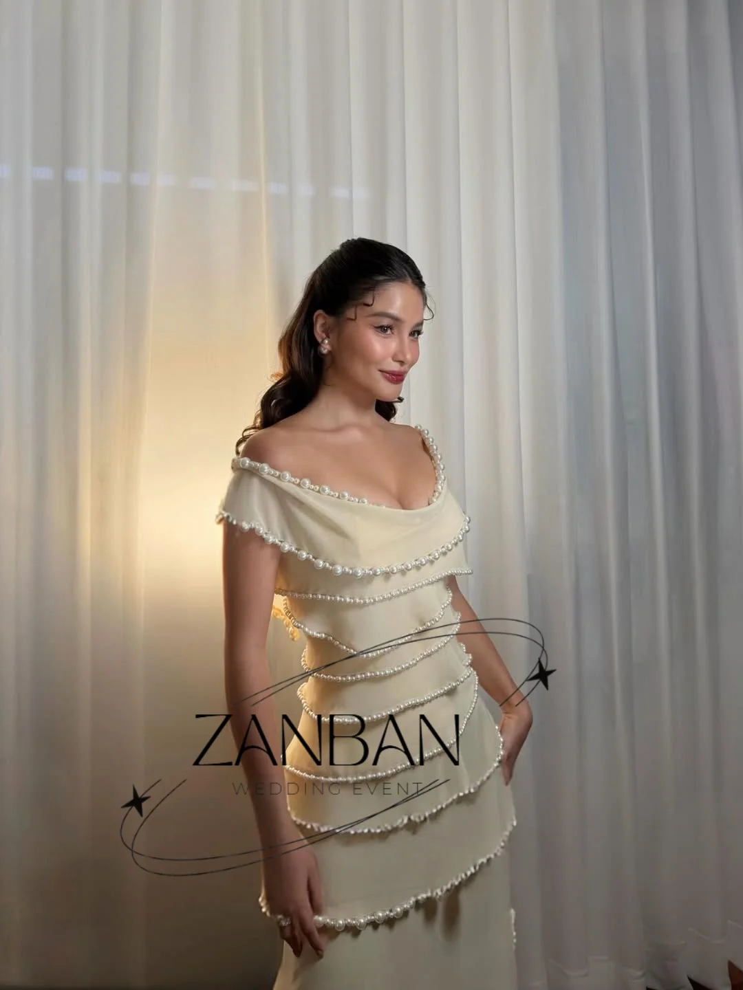 ZanBan Modern Beige Chiffon Evening Dresses Tiered Pearl Prom Gown 2026 Pleat Off Shoulder Formal Occasion Dresses Customized image 6