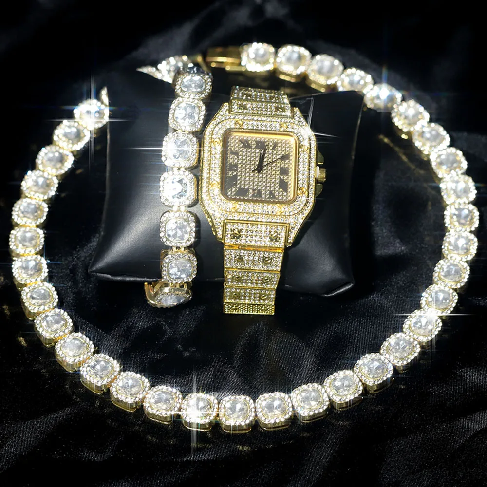3pcs Stylish Watch Set Luxury Hip-hop Punk Sugar Cube Chain+Bracelet+Square Watch 3-in-1 Set Men Street Style Trend Jewelry Gift
