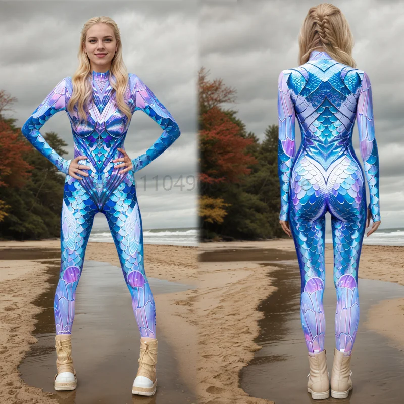 

Women Sexy Color Fish Scale Print Jumpsuits Bodysuit Unique Zentai Suit For Ocean Animal Themed Party Performance New