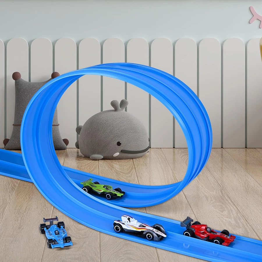 Pista de carro de corrida flexível de plástico para crianças, brinquedo com 12 ventosas e 4 juntas amarelas, compatível com 4 carros fundidos em liga 1:64