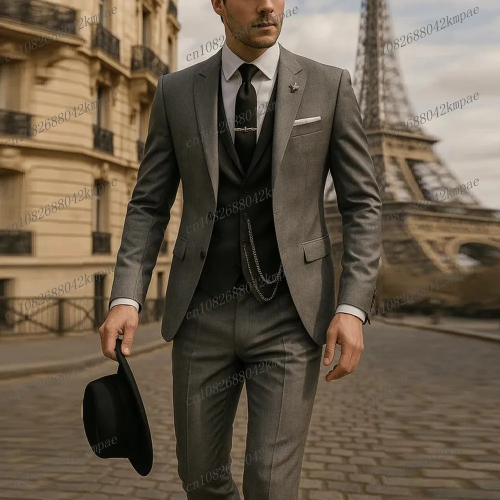 Nuovo grigio e grigio scuro abito formale da uomo sposo groomsman festa di nozze ballo di fine anno smoking maschile set da 3 pezzi blazer gilet pantaloni