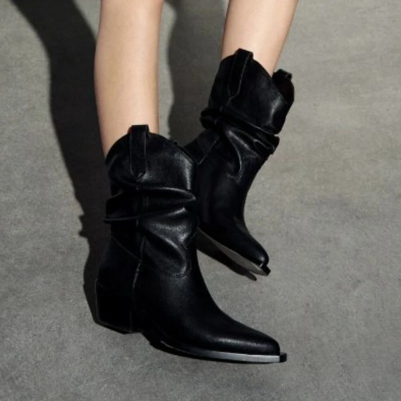 Women\'s Shoes 2024 Fashion Sleeve Women\'s Boots Winter Pointed Toe Solid Middle Barrel Chunky Heels Large Size Western Boots