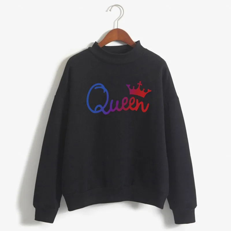 Queen Crown Print Woman Sweatshirt Sweet Korean O-neck Knitted Pullovers Thick Autumn Winter Candy Color Couples Clothing