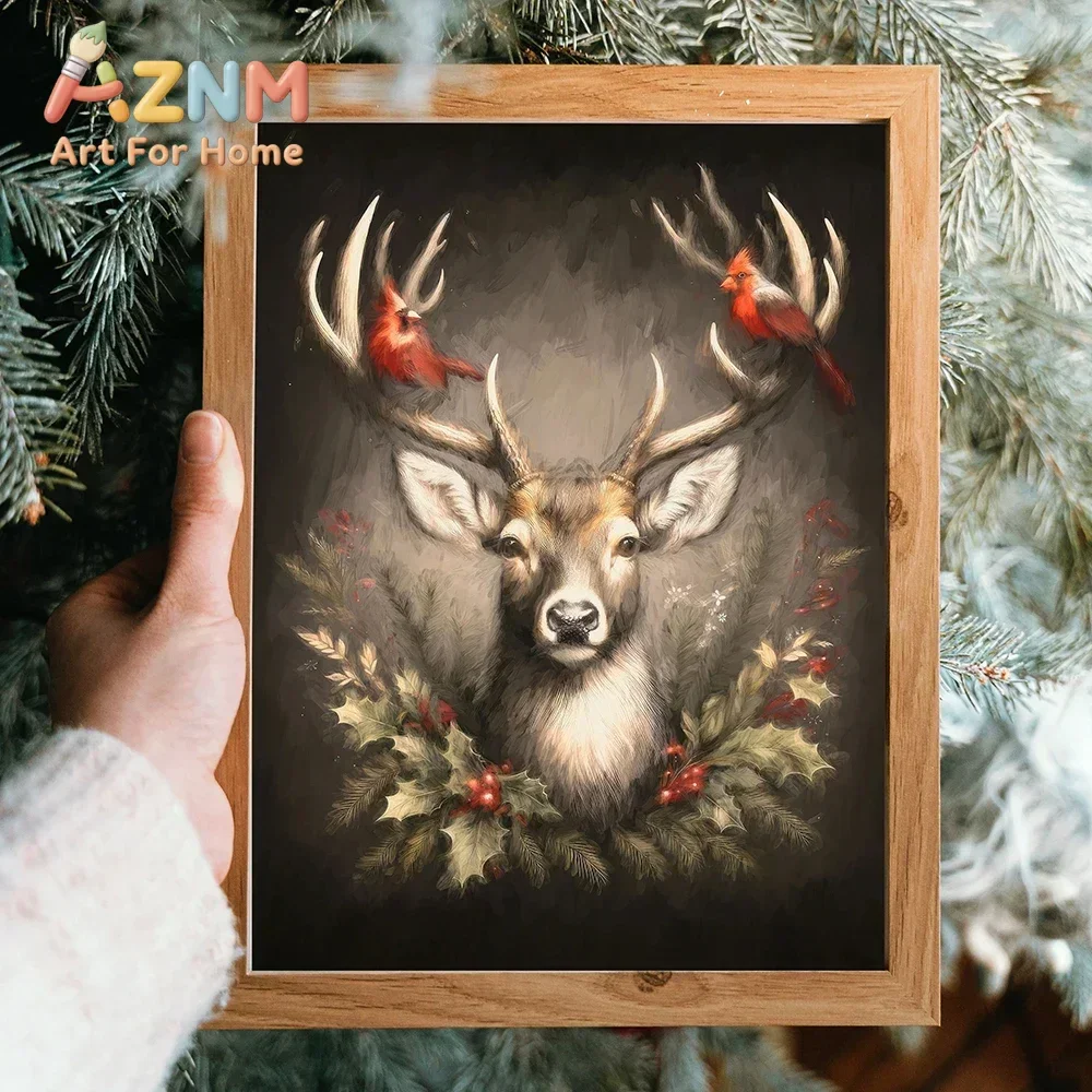 AZNM Vintage Stag and Cardinal Bird Canvas Wall Art Holly Berry Dark Moody Winter Painting Print Poster Farmhouse Christmas Deco