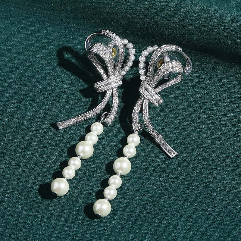 

Beads Pearl Chain Vintage Drop Earrings Antique Silver Plated Bow Retro Vogue Jewelry Accessories 2026 Girl Trend Party Art Deco