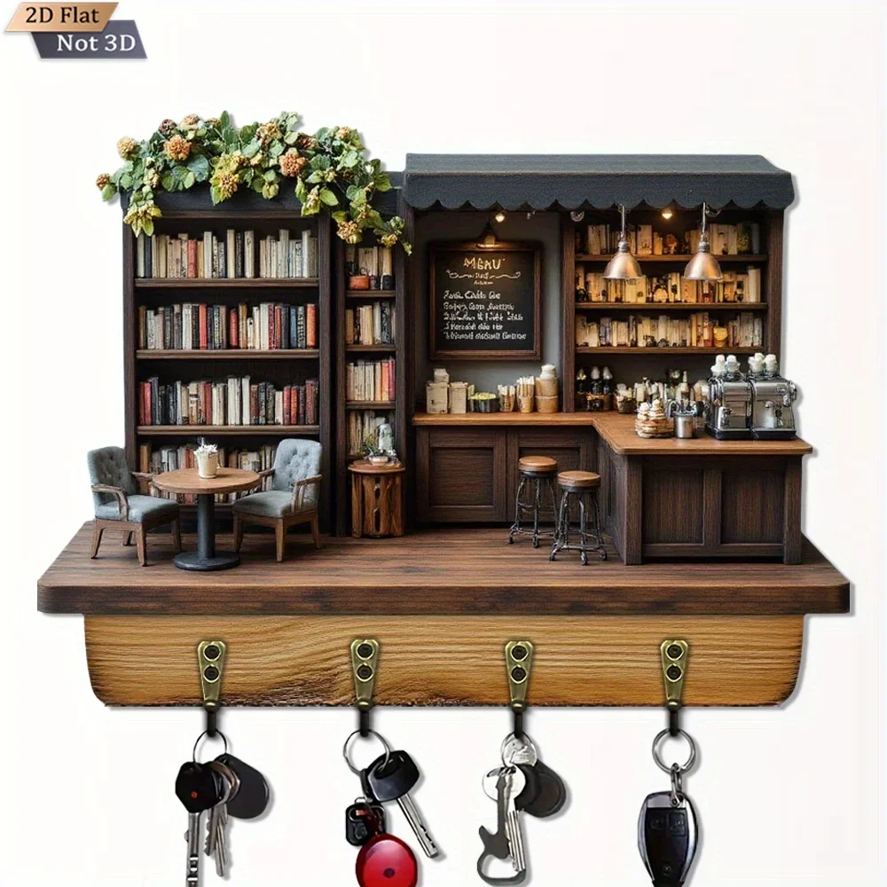 . 2D Flat. 1pc, retro coffeehouse style key hook, wooden multi-functional home key rack, with four metal hooks, wall decor,
