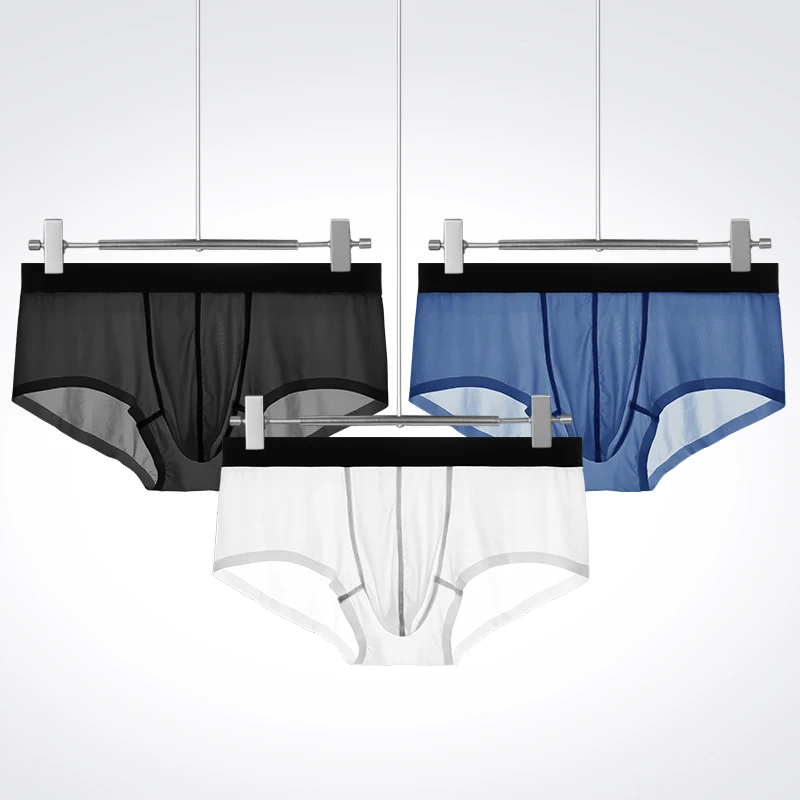 3 قطع ملابس داخلية للرجال: سراويل داخلية صيفية رفيعة للغاية من الحرير الجليدي بدون خياطة للرجال، شورت شفاف للرجال