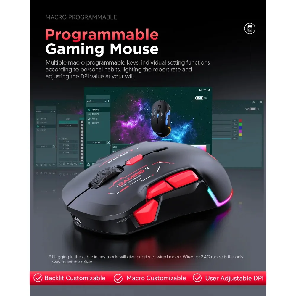 MKESPN W12 10-button Macro Gaming Mouse Both Hand Wireless Bluetooth Tri-mode Multi-channel Large RGB Ergonomic Ambidextrous