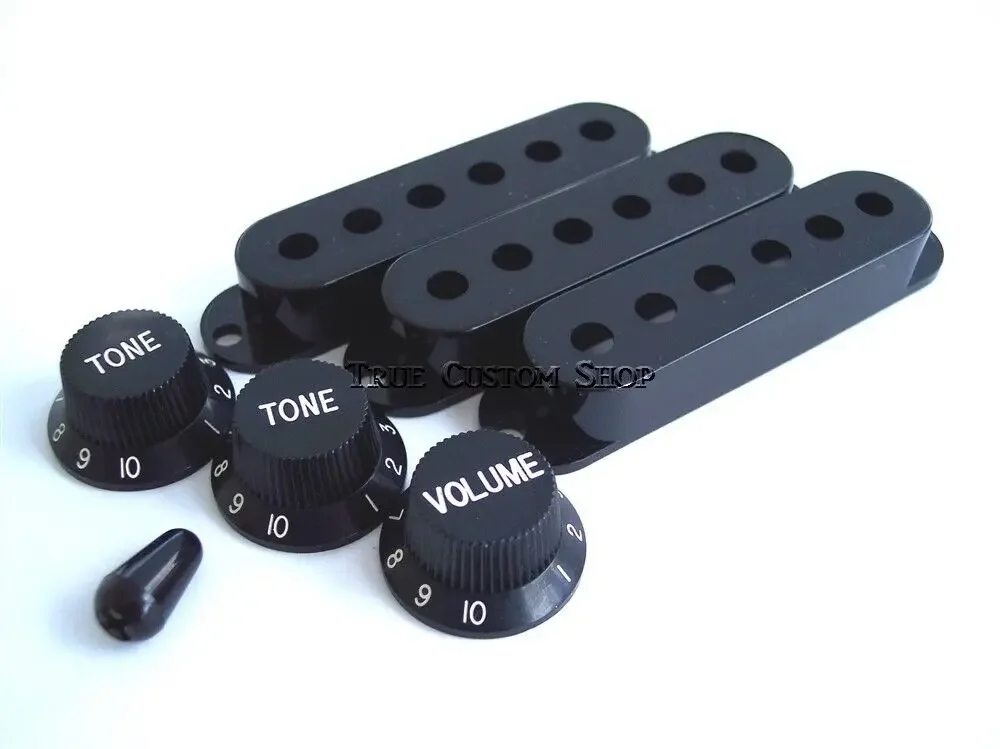 Black pickup cap knobs and switch tips for F-der Stratocaster-