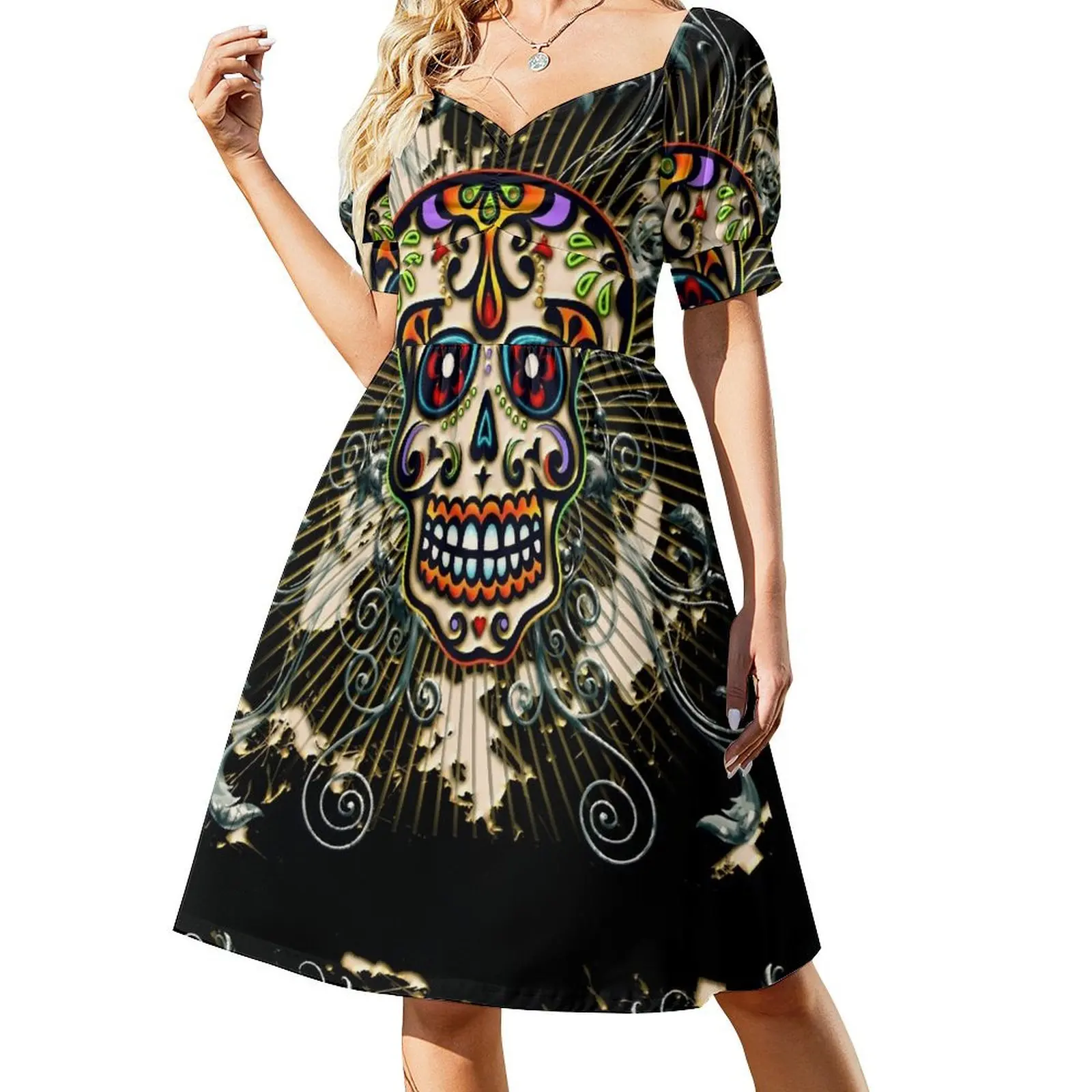 

Mexican skull, sugar skull, Day of the Dead, pattern, ornaments, dia de los muertos Short-Sleeved Dress dress for women