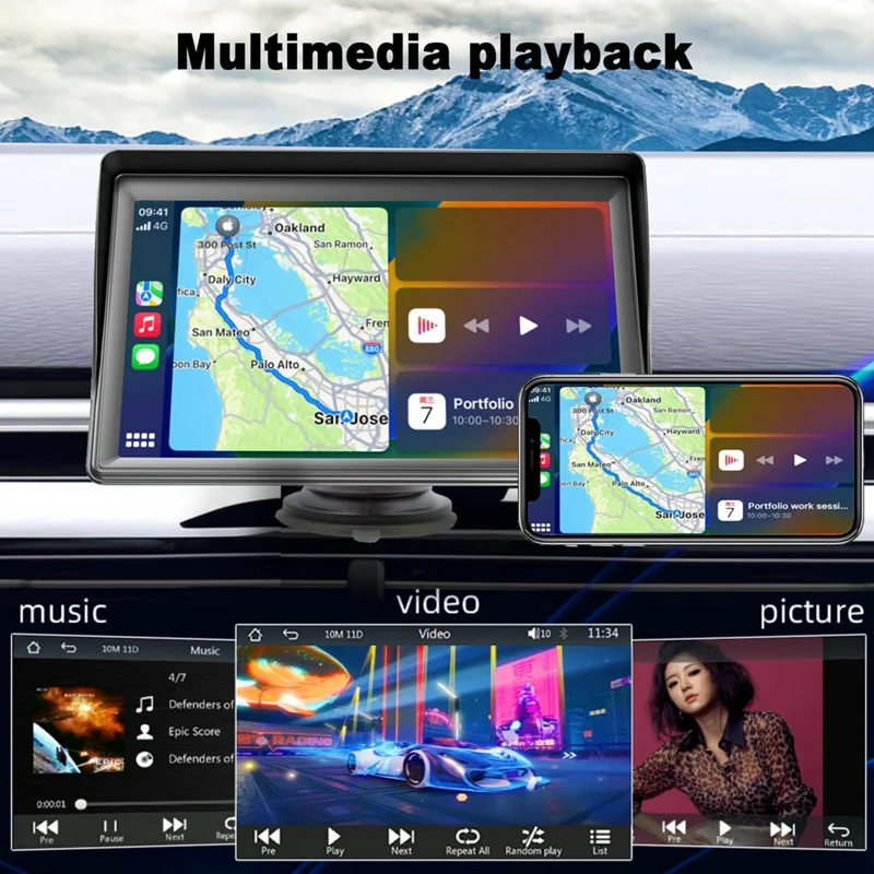 Portable Dash Mount Carplay Display 7In Touch Screen, GPS Navigatin,Bluetooth Car Stereo Radio, Backup Camera, FM Radio