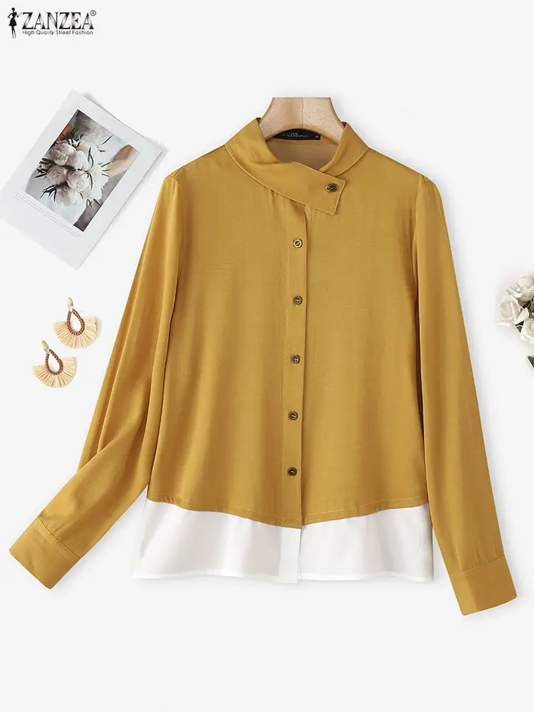

Women Autumn Patchwork Shirt ZANZEA 2026 Spring Blouse Stand Neck Long Sleeve Tops Buttons Blusas Casual Office OL Shirts Mujer