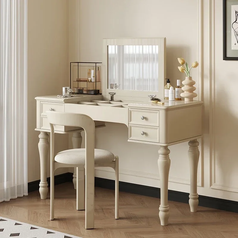 A  Cream Style French Retro Dressing Table Bedroom American-Style Solid Wood Flip Surface with Mirror Birch Makeup Table  Chair