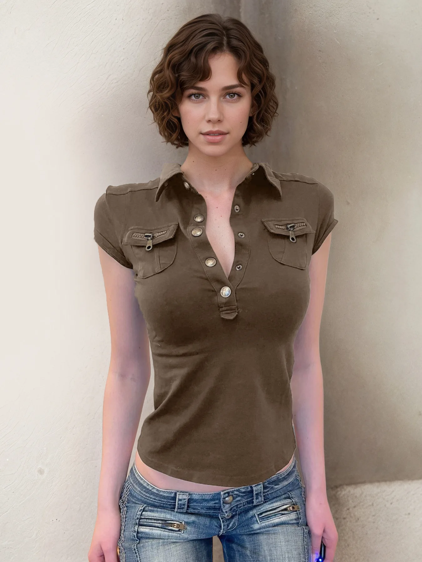 Personalized workwear style buckle POLO collar  pocket zipper short sleeved casual T-shirt