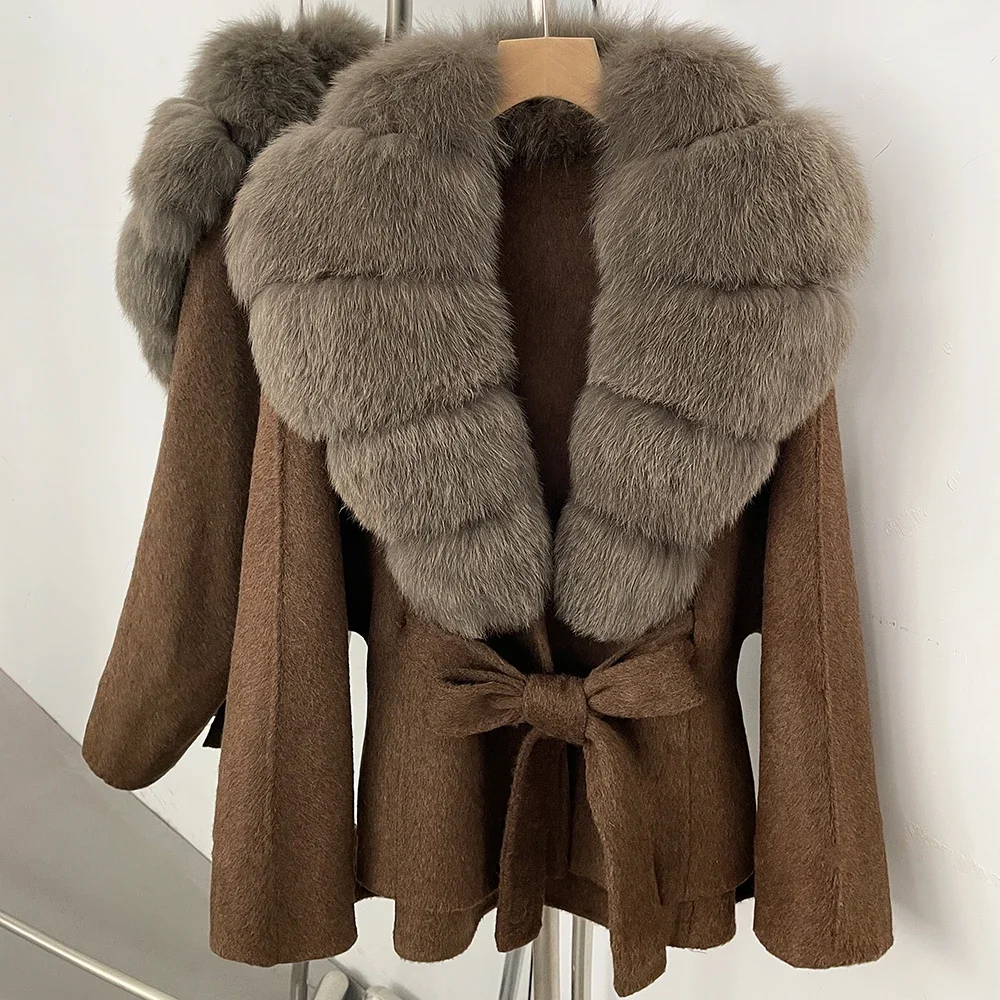 OFTBUY Neue Winterkleidung für Damen, Luxuriöser Kurzer 100% Wollmantel mit Natürlichem Pelzkragen, Warmem Gürtel und Echtem Fuchspelz, Wolljacke für Damen – Detail 11