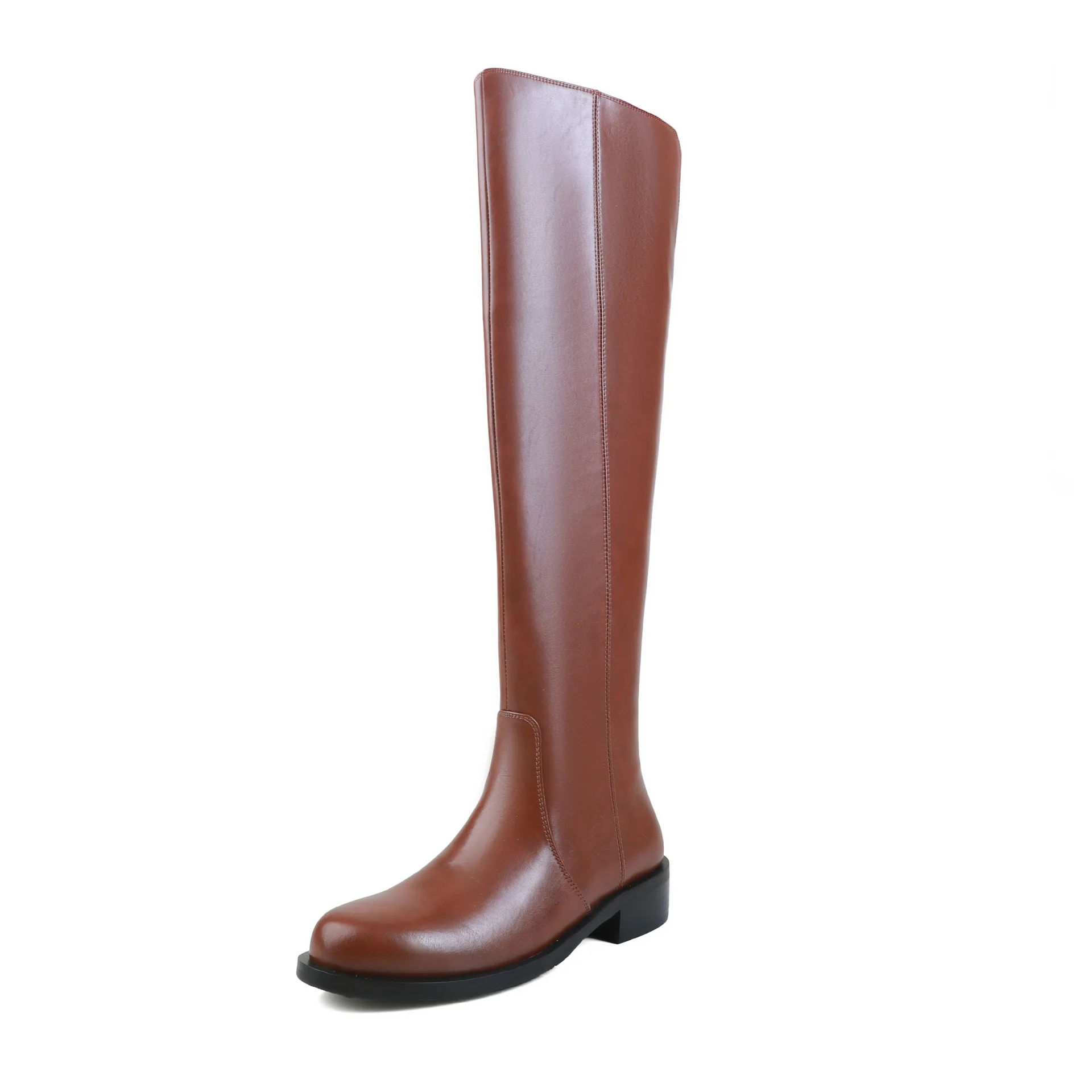 Arden Furtado Genuine Leather Women's Autumn Brown Cowhide Riding Boots round Toe Pull-On Middle Heel Knee-High Large Size