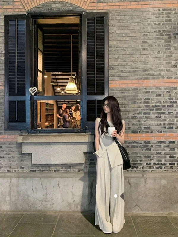 

Casual Old Money Style Women's Summer 2025 New Sleeveless Vest High Waist Wide Leg Pants Two-Piece Set Fashionable