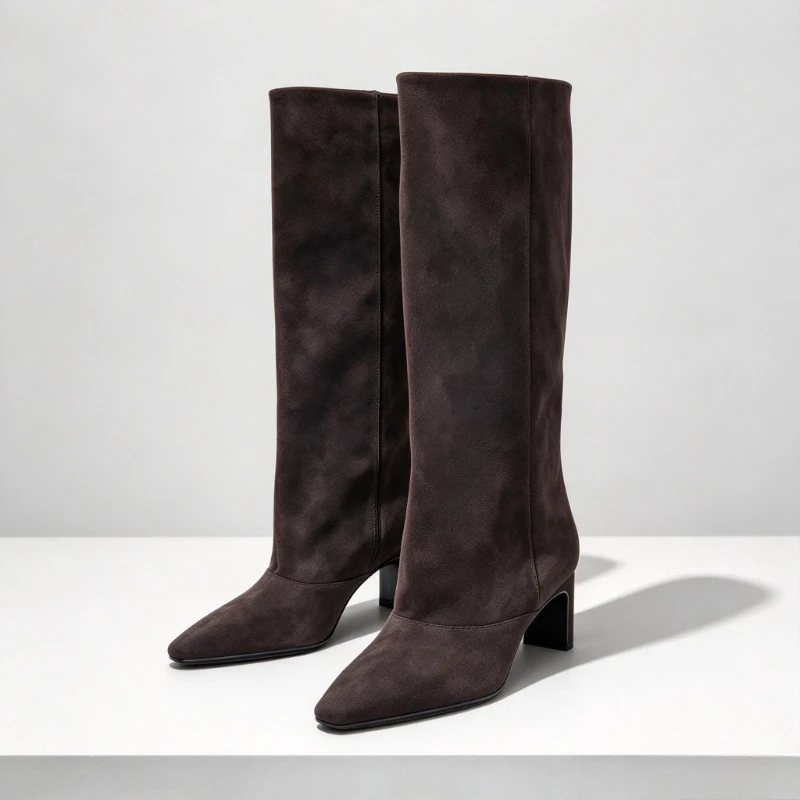 Retro Brown Faux Suede Heeled Boots Women Topstitching Detail Pointed-Toe Winter Long Boots Street-Style Bottes Femmes Tendances