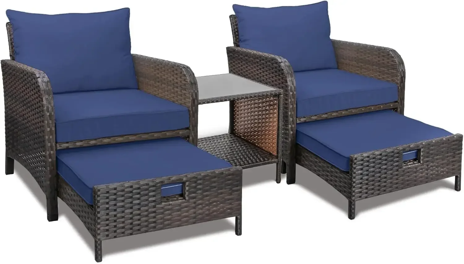 

5-Piece Patio Set: PE Wicker Lounge Chairs, 2 Ottomans, Glass Table, Soft Cushions, Brown, for Porch, Lawn, Balcony