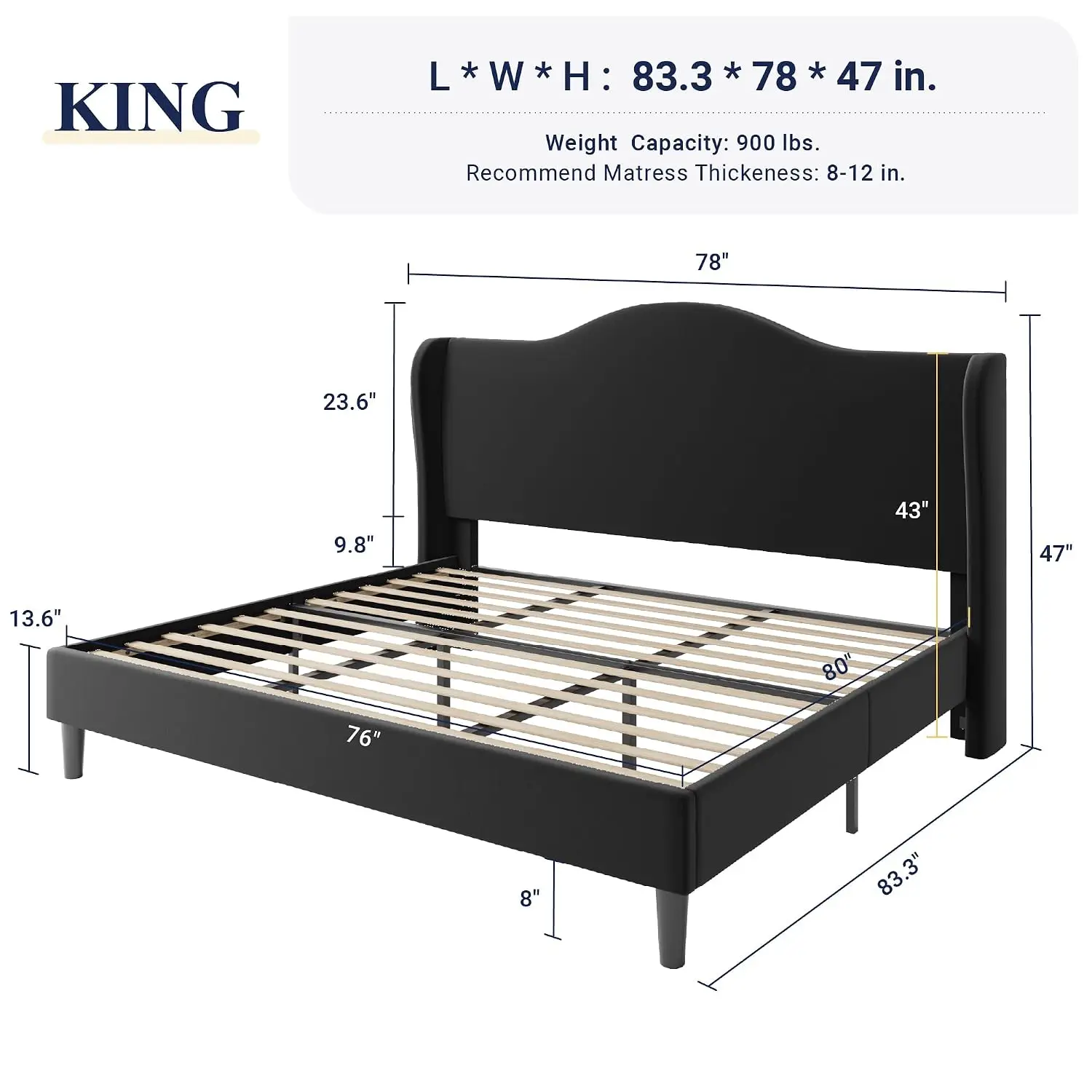 Plush Velvet Wingback King Bed Frame Modern Style Black, Customized