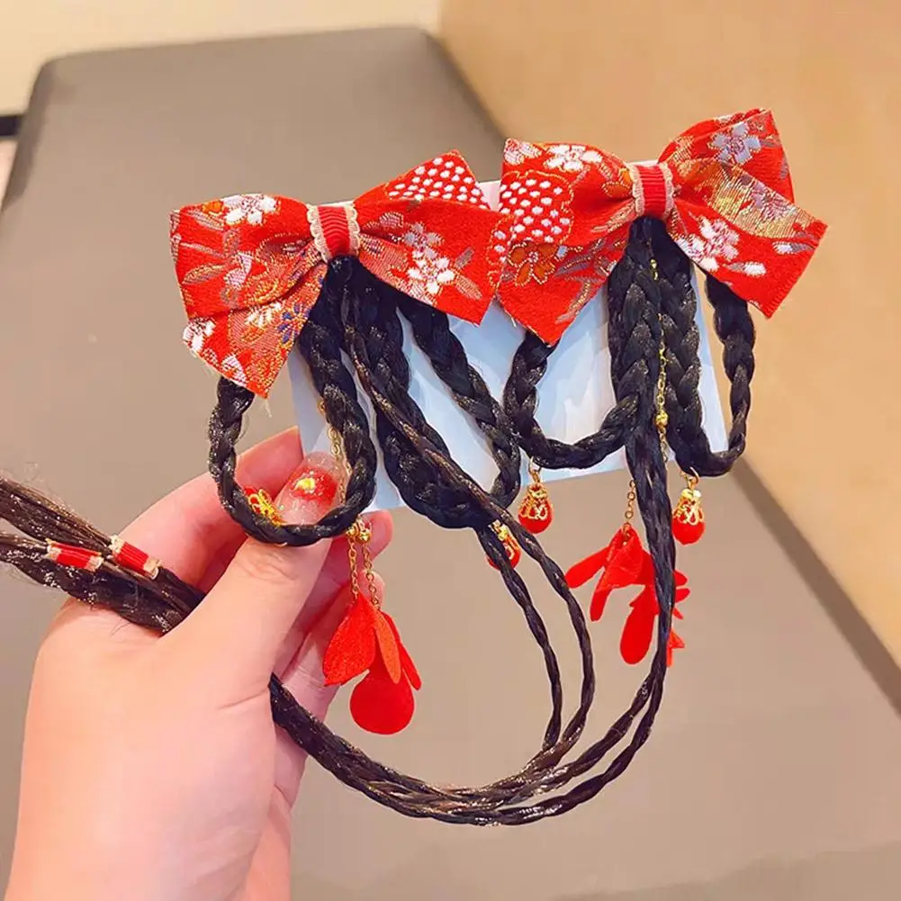 Chinese Style Fashion Hanfu Flower Tassel Headband Pigtail Wig Children\'s Pearl Bow Cartoon Cute Hairband New Year Headdress
