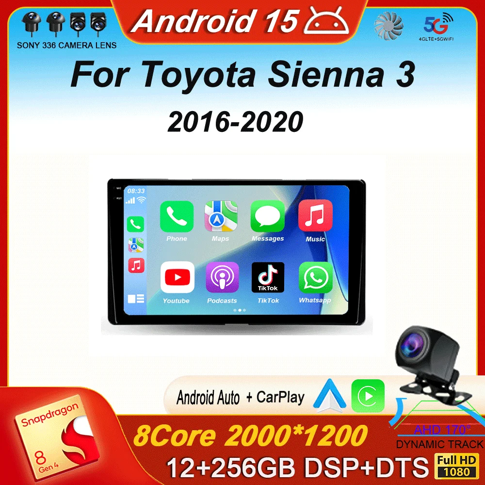 لتويوتا سيينا 3 2016 2017 2018 2020 DSP Carplay السيارات الصوت أندرويد 15 راديو السيارة الوسائط المتعددة مشغل فيديو QLED شاشة HeadUnit #1