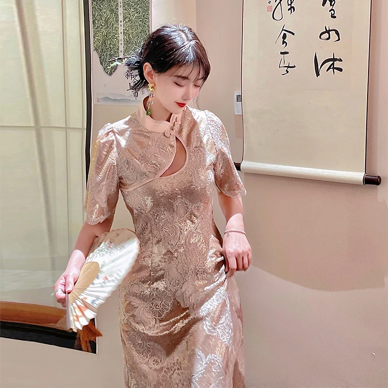 

ReVe Haute Couture uangyue Шампанский розовый кружевной тюль с вышивкой, тяжелой бисерной и серебряной отделкой, ажурный, улучшенный дизайн