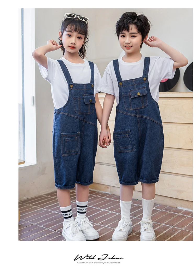 Elegante Kinder-Jeans-Overalls in Blau mit Taschen für den Alltag, Sommerkleidung für Jungen und Mädchen. – Detail 3