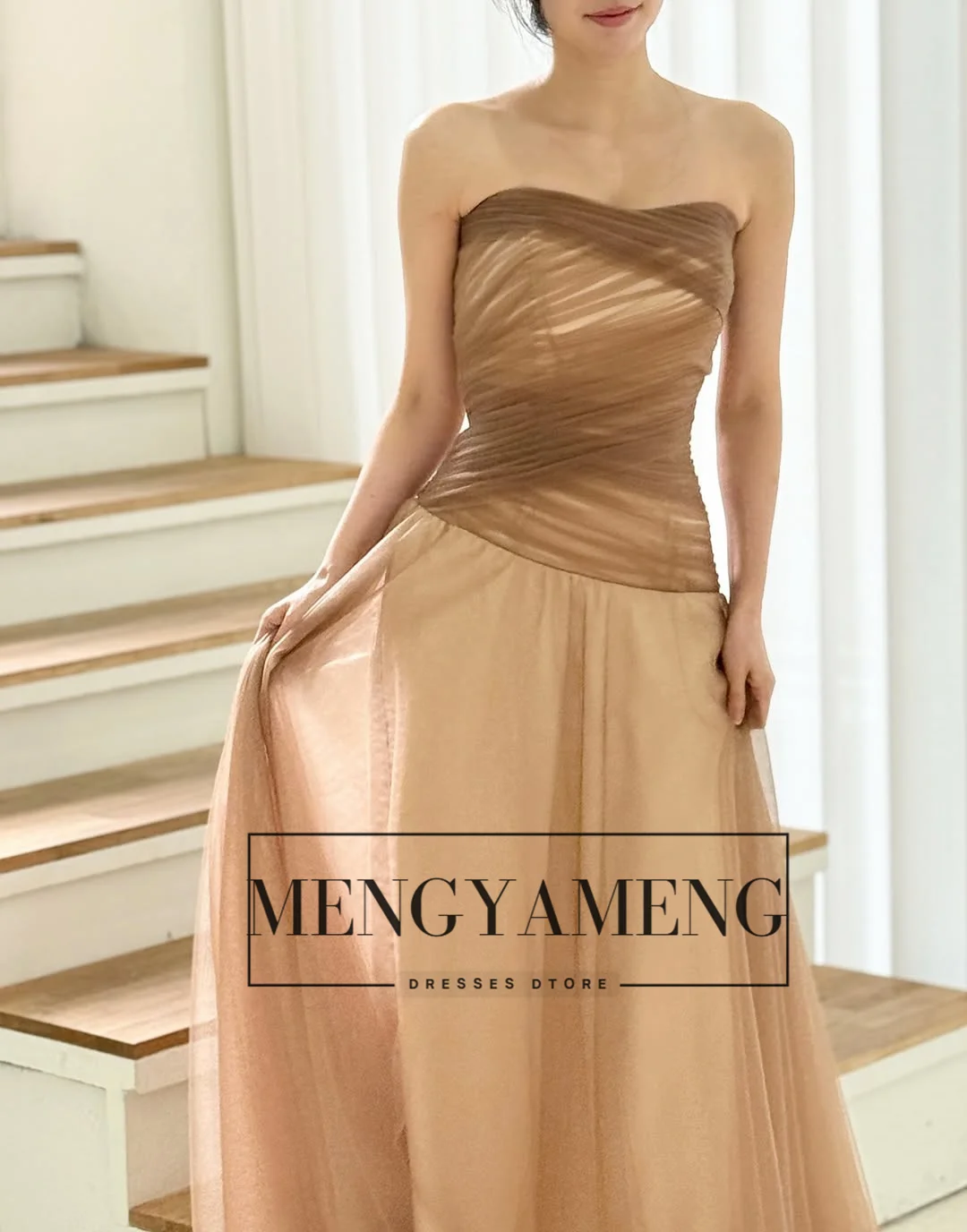 ZHUISHU فساتين الحفلات المسائية الكورية باللون البني على شكل حرف A بدون حمالات من التل الناعم للنساء فستان حفلات طويل مخصص 2026 #4