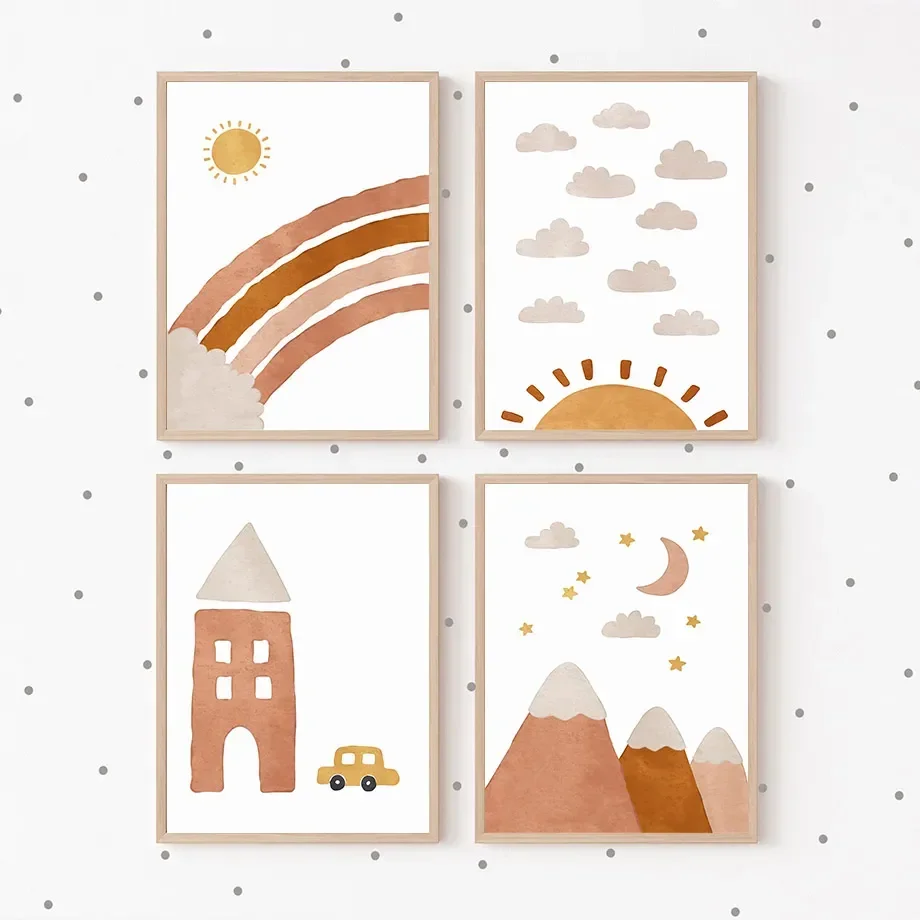 Mountain Car Sun Moon Rainbow Cloud Alphabet Posters Wall Art Aesthetics Print Canvas Painting for Living Room Home Decor