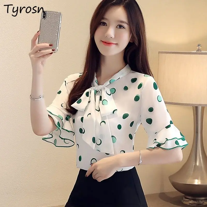 

Shirts Women Ruffled Chiffon Summer Short Sleeve Polka Dot 3XL Bow Korean Fashion Daily Elegant OL Blouses Thin Sweet Clothing