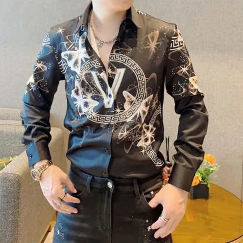 2024 New Summer Elegant Fashion Gothic Loose Casual Handsome Men\'s Shirt Men\'s Wear Print Button V Neck Long Sleeve Chic Tops
