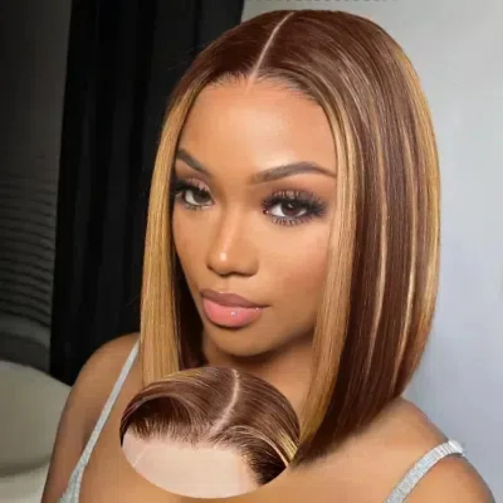 

Short Bob Wigs Human Hair Wig 4/27 Honey Blonde Bob Wigs Glueless Wigs Human Hair pre plucked pre cut 180% Density