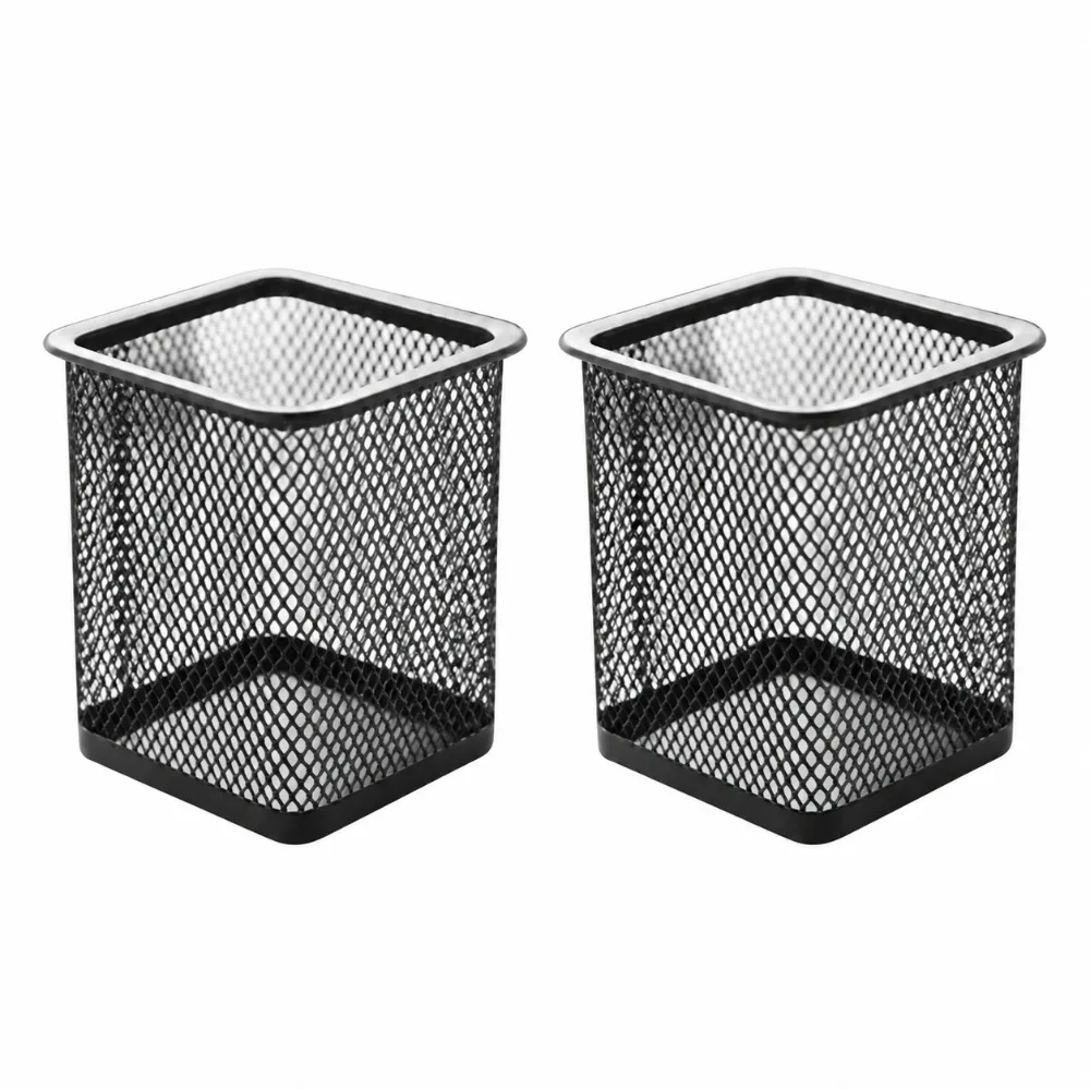 2 pcs Metal Pen Holder Square Shape Solid Structure Desktop Organizer Stable Base Smooth Surface Storage Bucket Study Table