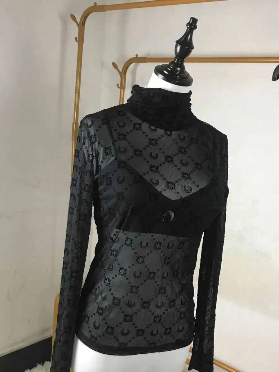 

Women's T-Shirt Long Sleeve High Collar Moon Plush Mesh Hollow Translucent Top Spring Fashion Solid Color Sexy High Street
