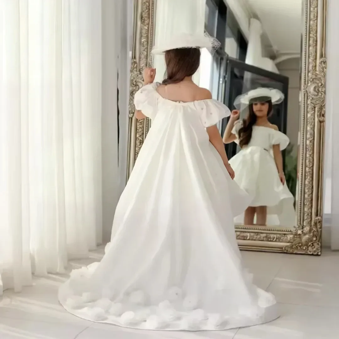 Custom Luxury White Off Shoulder Puff Sleeve Hi Low Trailing Train Flower Girl Gown Pageant Runway Guest Bday Kids Wedding Party