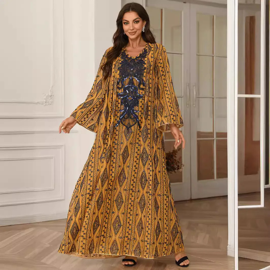 

Middle East evening dress dress bead mesh embroidered women's robe fashion simple temperament elegant vacation style high-end ba