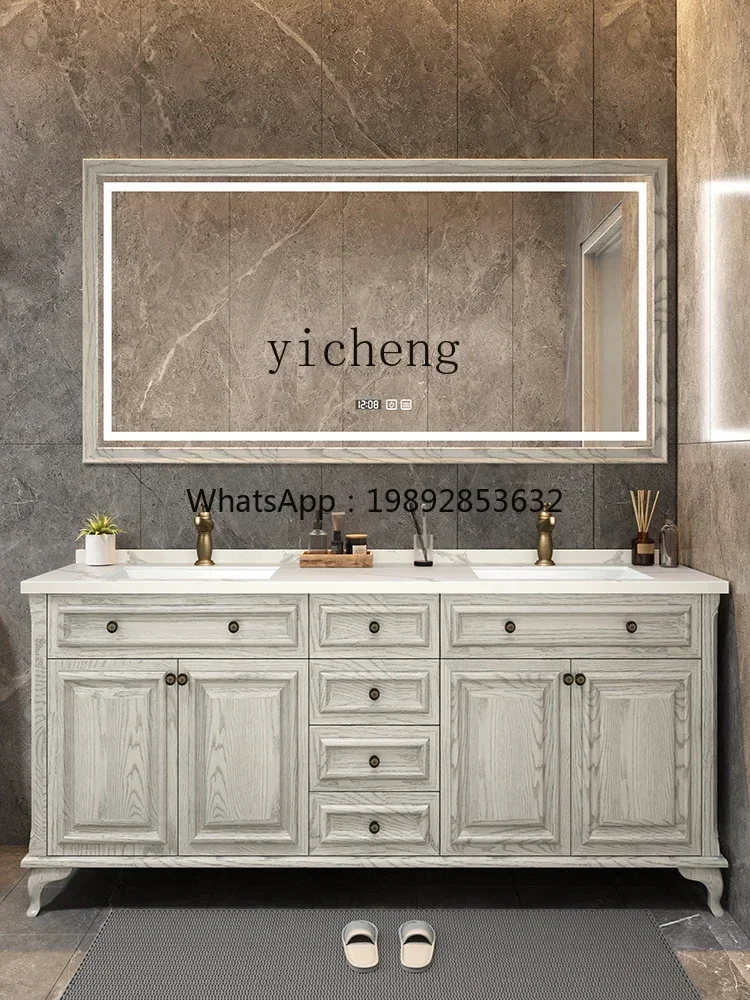 

rock slab bathroom cabinet combination bathroom solid wood floor-to-ceiling smart wash basin double basin