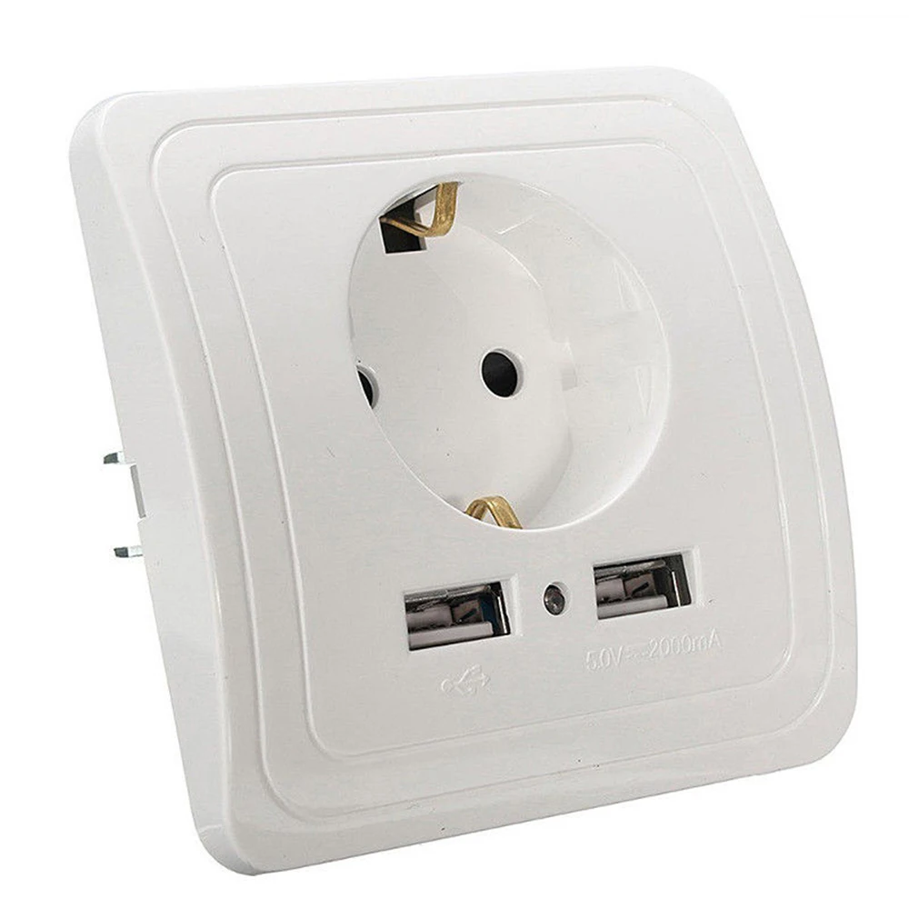 EU Plug 2-Ports USB Safety Wall AC Power Socket Charger Station Outlet Adapter