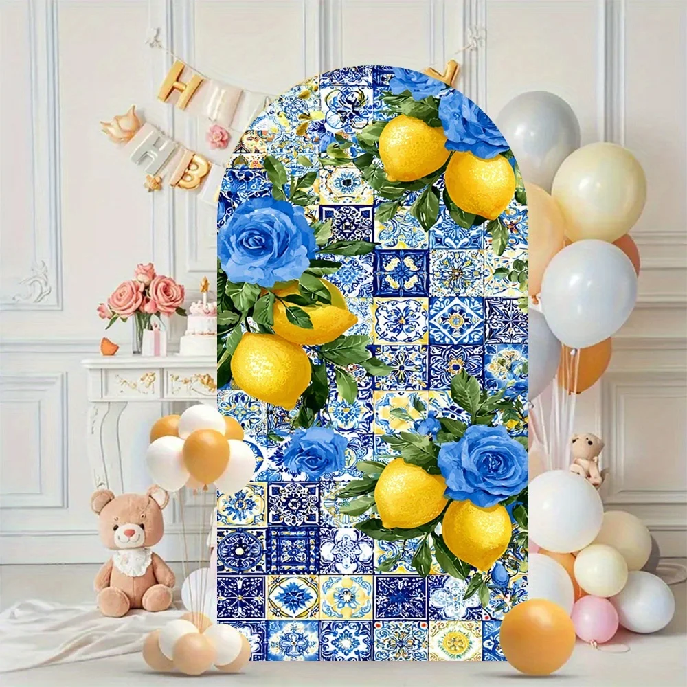 Mocsicka Mediterranean Lemon Blue Rose Arch Cover Backdrop Italian Tile Photobooth Background Wedding Bridal Shower Studio Prop