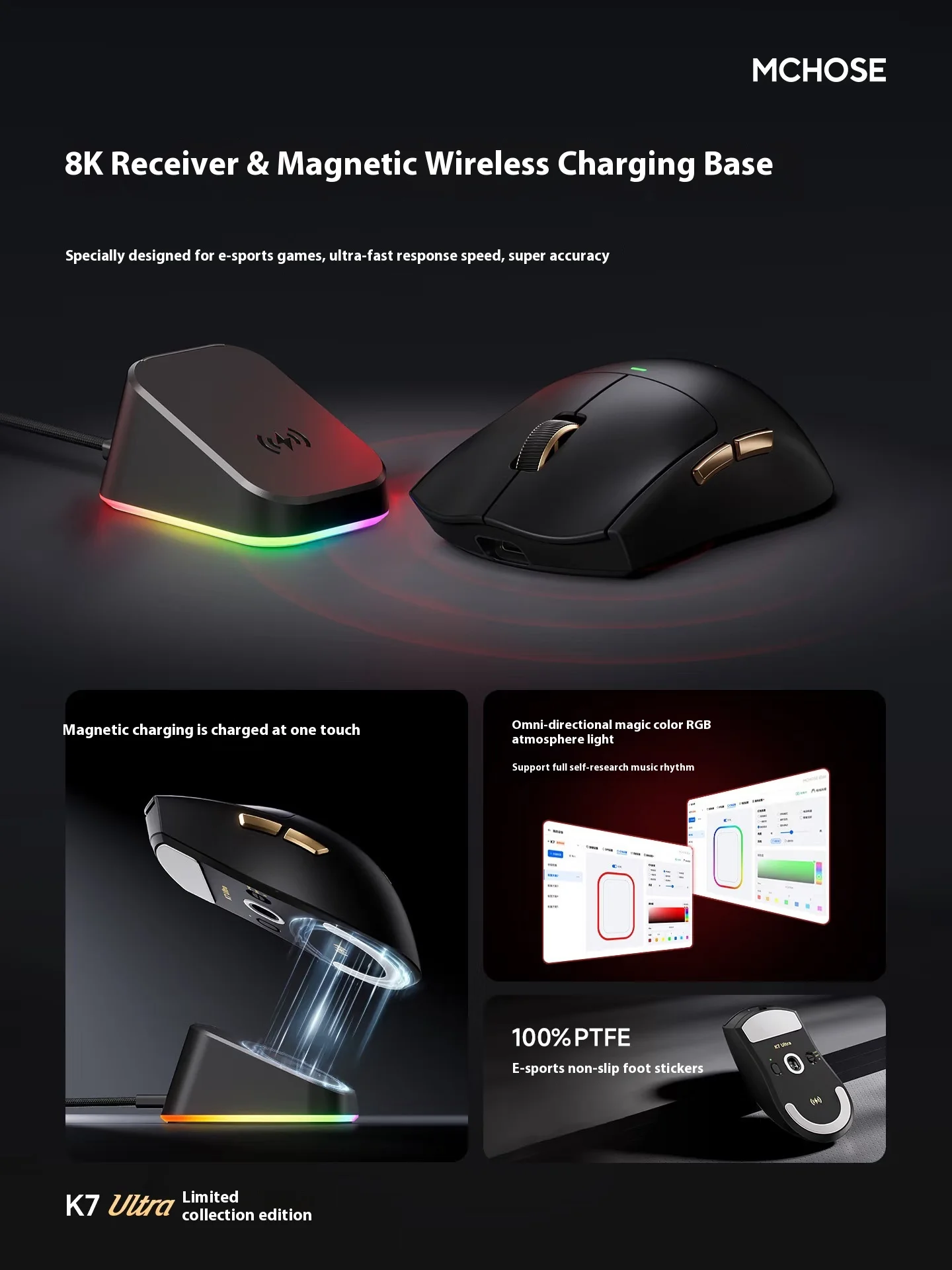 Nuevo MCHOSE K7 Ultra ratón inalámbrico Dual-8K PAW3950 triodo 2,4G Gamer 42000DPI 750IPS 59g ligero e-sports FPS ratón para juegos
